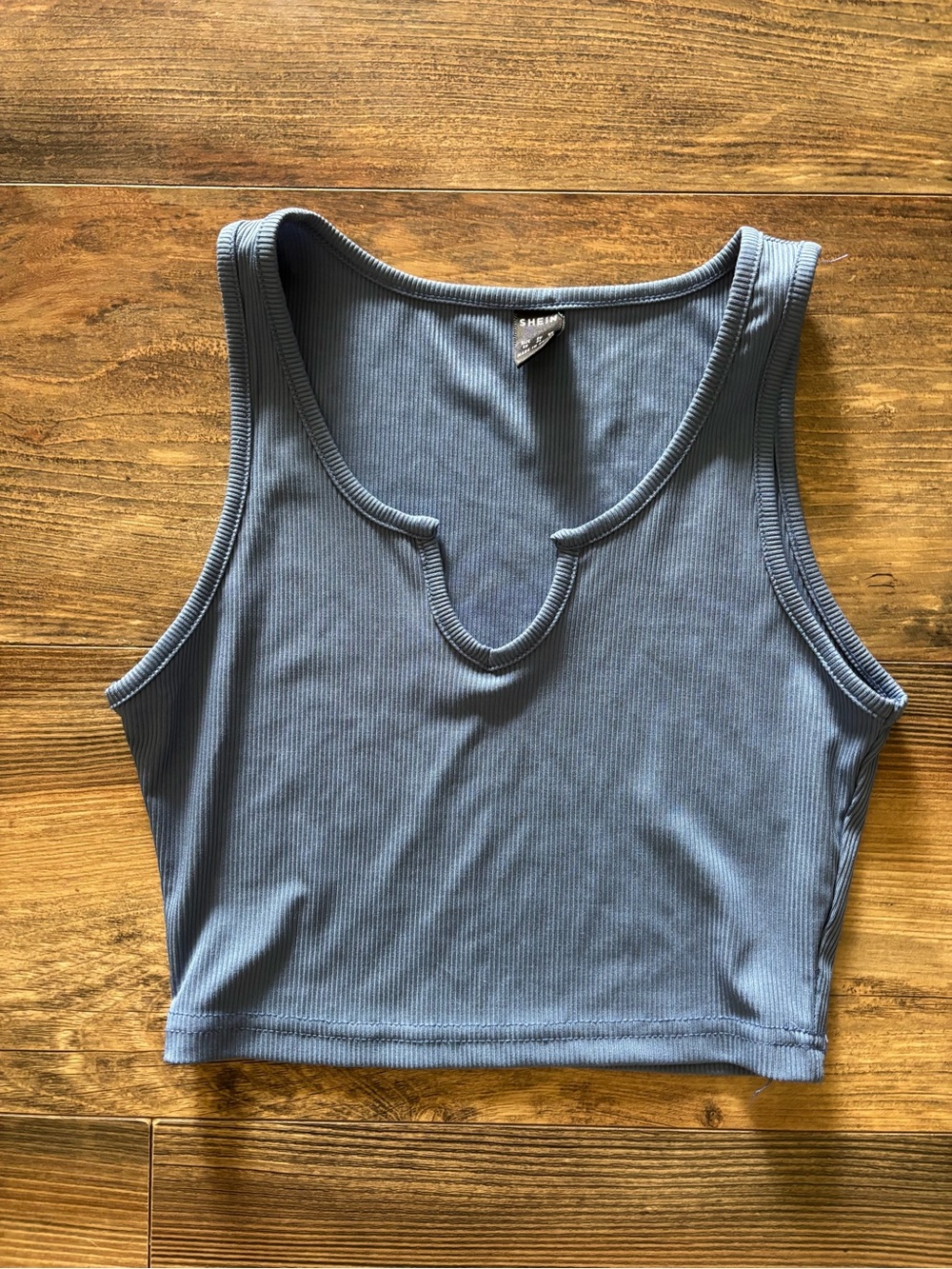 SHEIN Dusty Blue Ribbed Notch Crop Tank Top